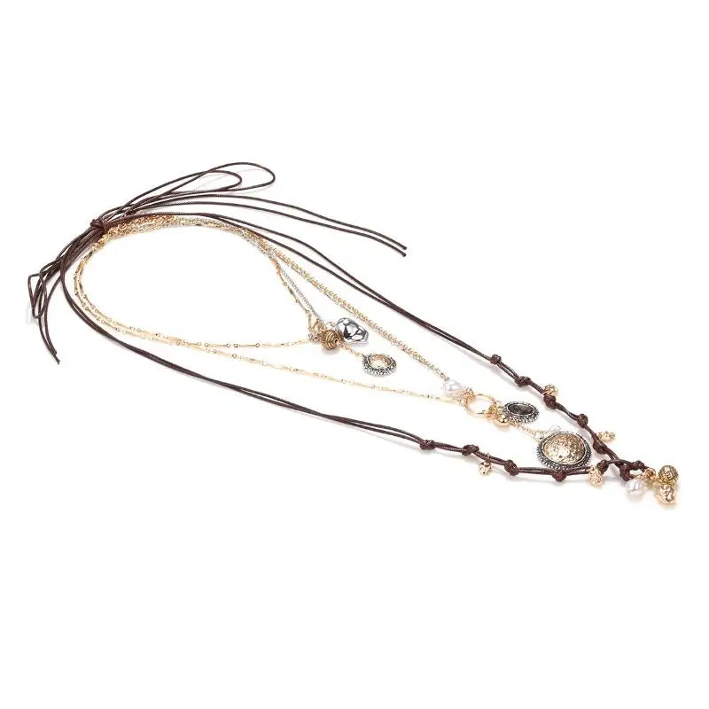 Stylish Women's Bohemian Necklace with Round Coin Badge Pendant; Multi-layer Rope Chain Party Accessory.