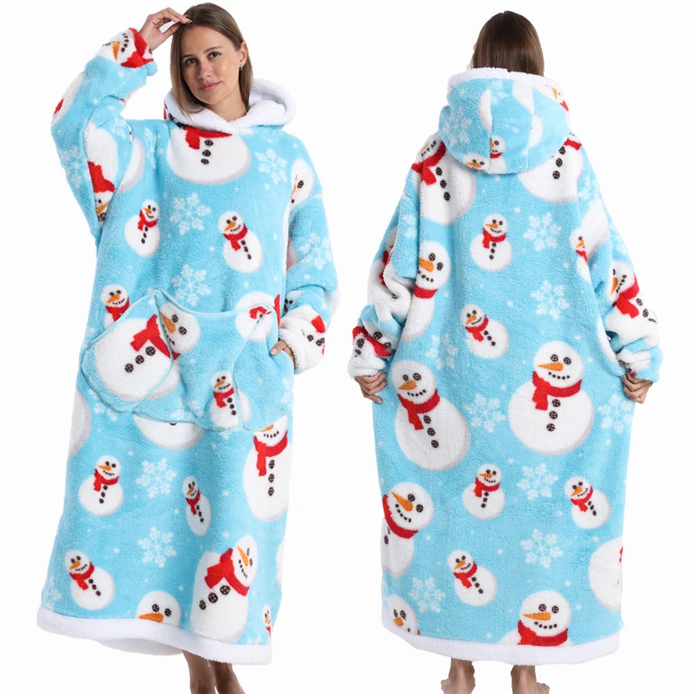 Extra Long Women Halloween Blankets with Sleeves Winter Plush Fleece Homewear Christmas Pajamas Adult Warm Oversized Hoodies
