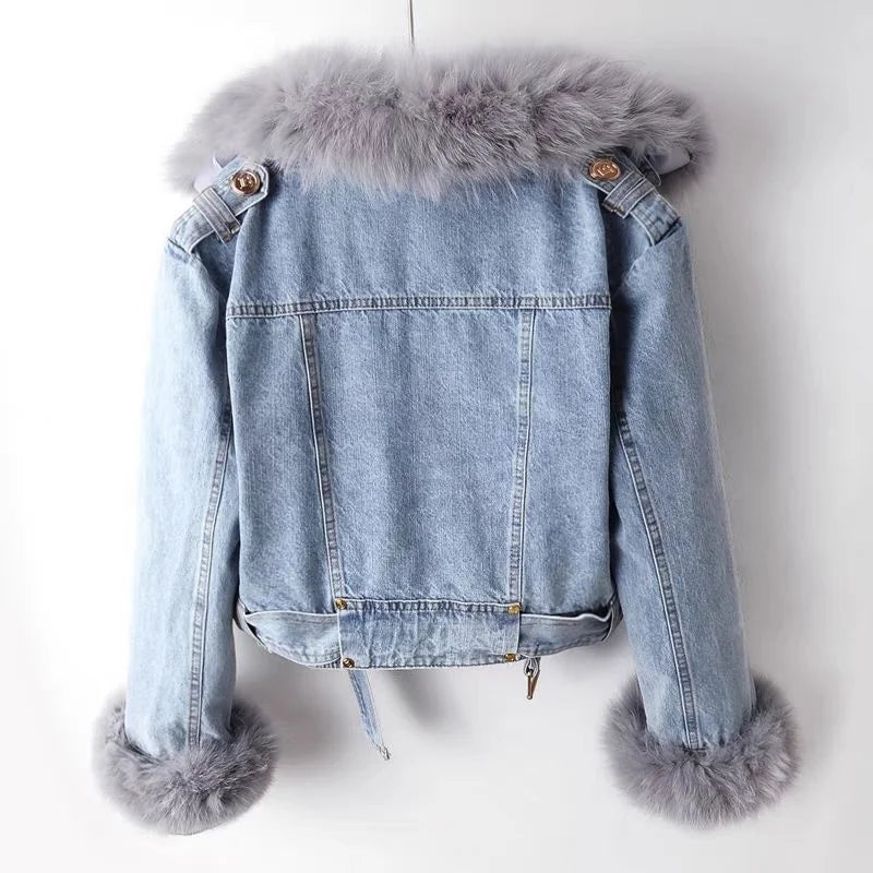 Winter Denim Jacket With Women's Fleece Warm Cowboy Coat New Detachable Imitation Fox Rabbit Fur Inner liner Short Denim Jacket