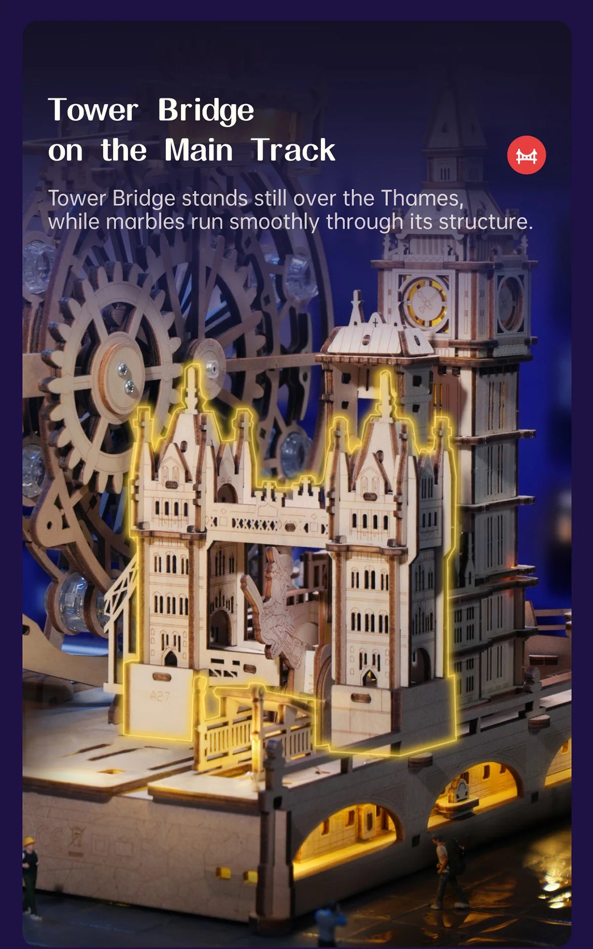 3D Wooden Puzzle Marble Run Building Kit London City Model with Lights Mechanical DIY Landmark Puzzle for Adults Teens
