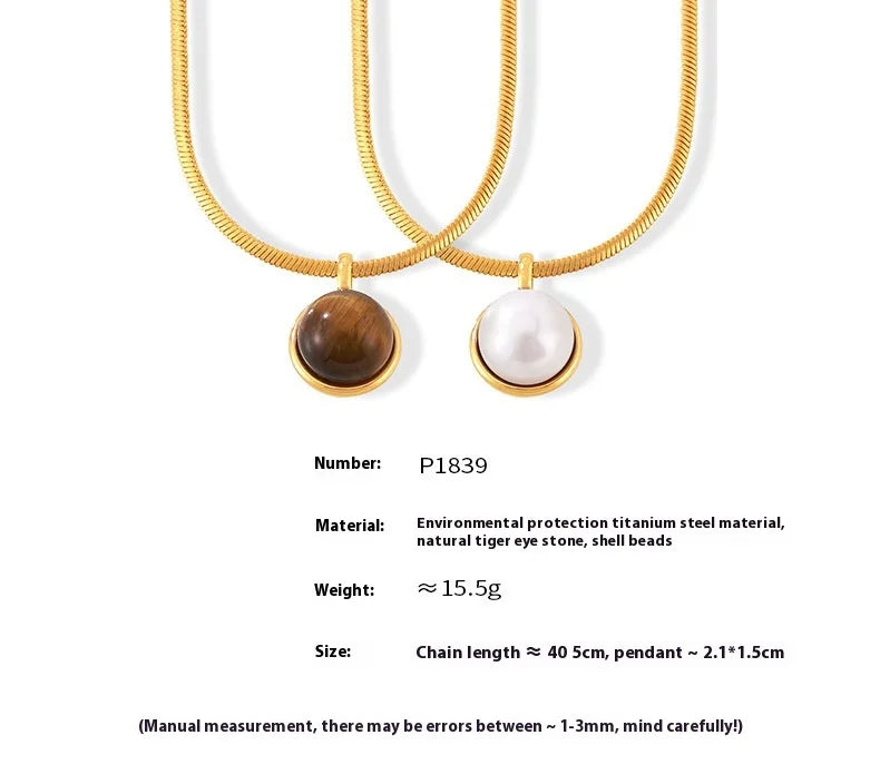 Women's Necklace with Retro Style Pearl Natural Stone Pendant Titanium Steel Lock Chain Fashionable Jewelry Accessories