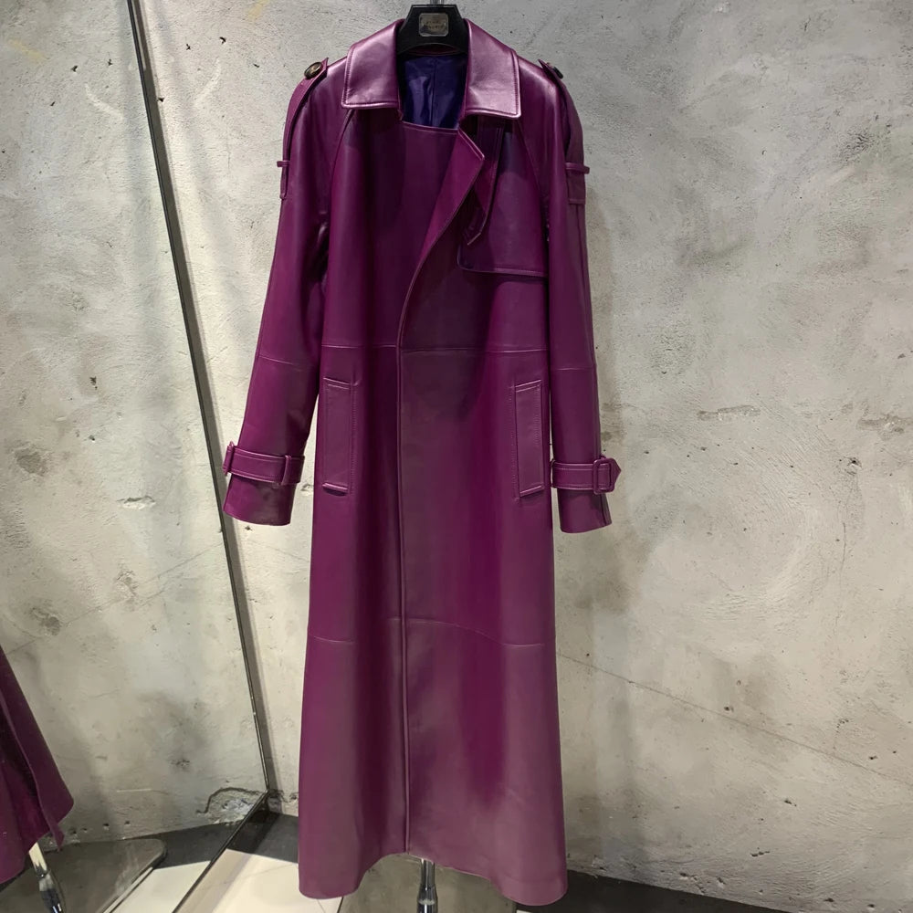 Leather Coat Orange Long Ladies Real Sheepskin Coat Genuine Sheep Leather Windbreak Long 21018