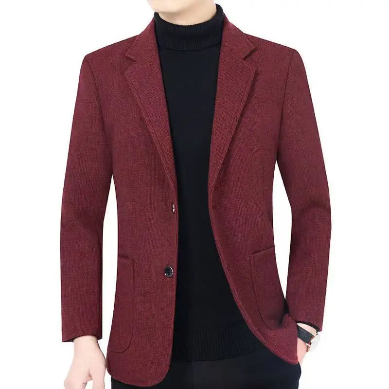 Men's woolen suit spring and autumn jacket is fashionable, cool and versatile. It is a solid-color checkered flat lapel short to