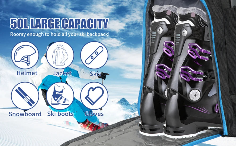 Ski Boot Backpack for Ski Travel, Wet Dry Separation Keeps Boots and Gear Organized, Large Capacity Water-Resistant Storage