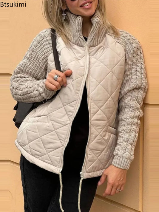 Winter Women Jackets Solid Stand Collar Neck Parkas Patchwork Drawstring Hem Zipper Closure Cotton Jacket Warm Cardigan Coats