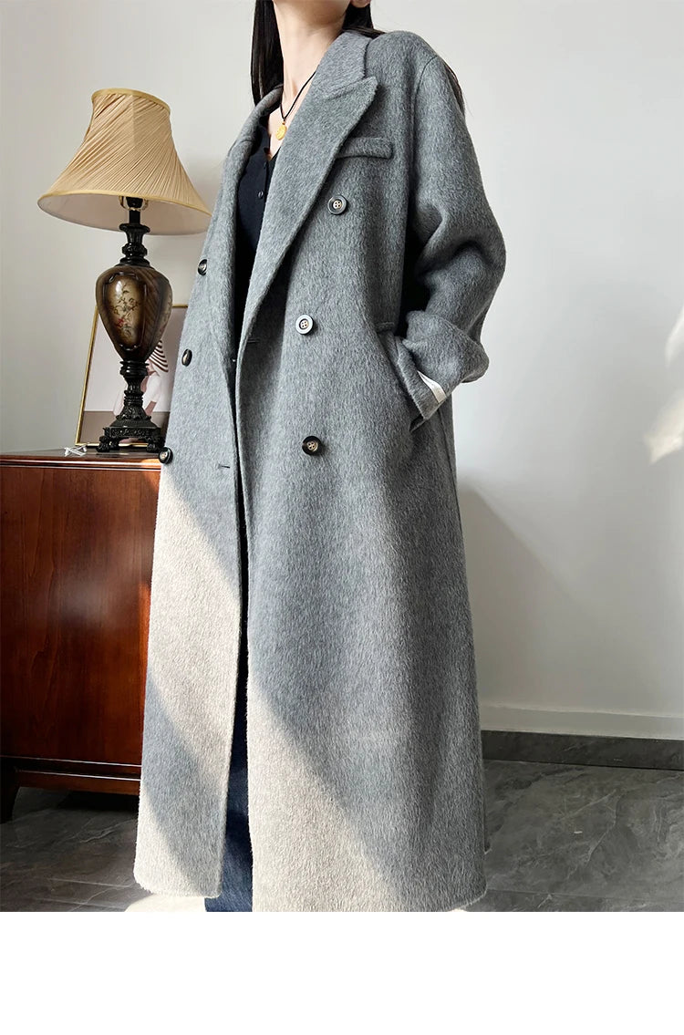 Office Lady Woolen Jackets 2024 Autumn And Winter Suit Collar Double Breasted Warmer Yak Hair Loose Long Women's Wool Coats