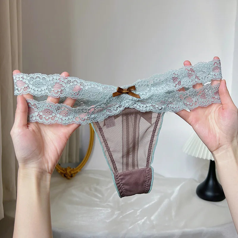 Thongs Woman Sexy Female Lingerie Women's Panties Women's Lace Thong Low Waist G-String Mesh Bow Detail Breathable Ladies Briefs