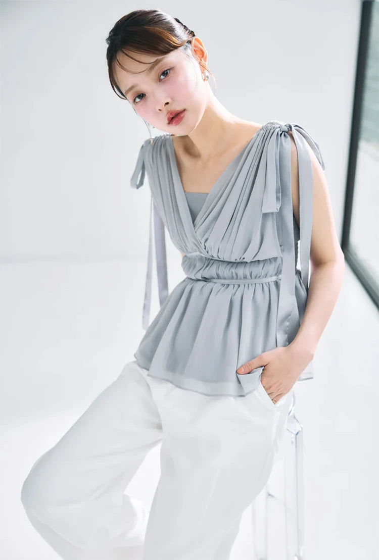 Women's Tops Summer Bow Tie Sweet Elegant Blouse Femme V Neck Shirt Waist-Cinching Japanese Style Sleeveless Chiffon Blouse