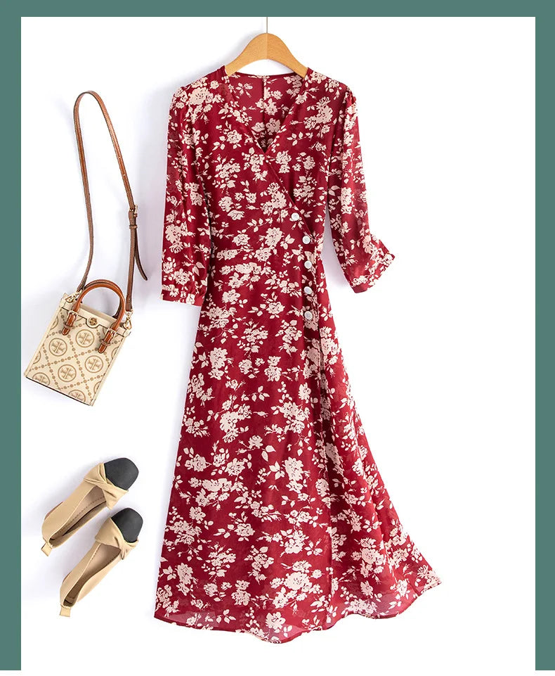 Silk Dress Summer New 2025 Women French Temperament V-neck Five-point Sleeve Printed Mulberry Silk Tea Break Dress