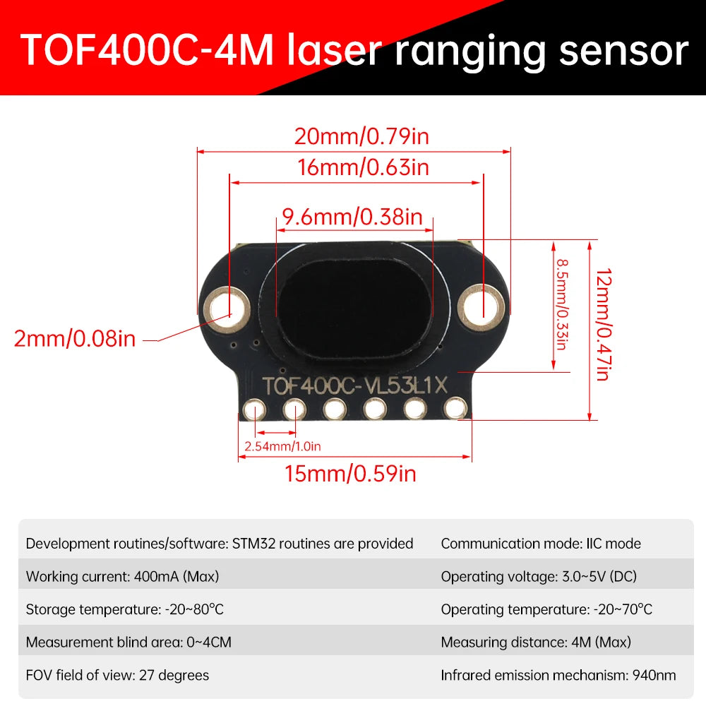 Laser Ranging Sensor Module for Arduino STM32 Measure Flight Distance 50CM 400CM I2C Output TOF050C TOF0400C