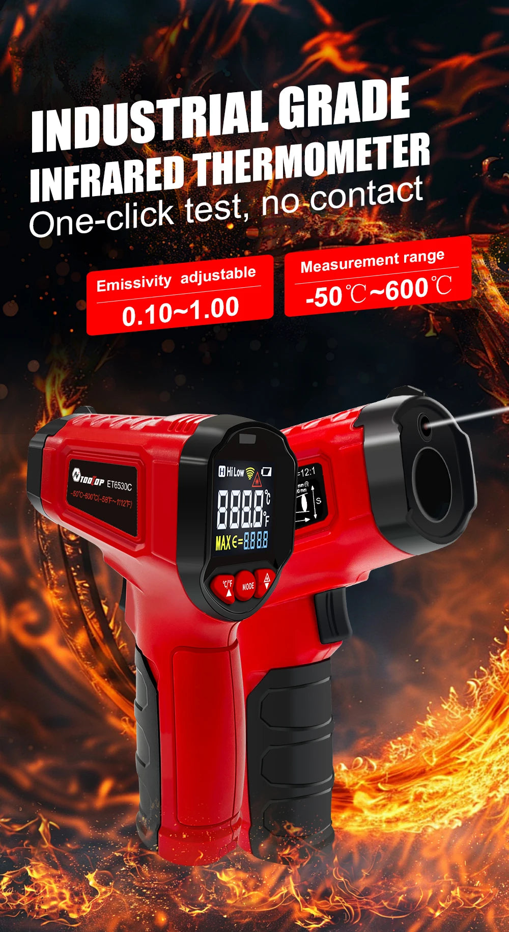 TOOLTOP ET6530C -50°C-600°C Handheld Digital Thermometer Laser Backlight Display Industrial Thermometer For Kitchen Outdoor Car