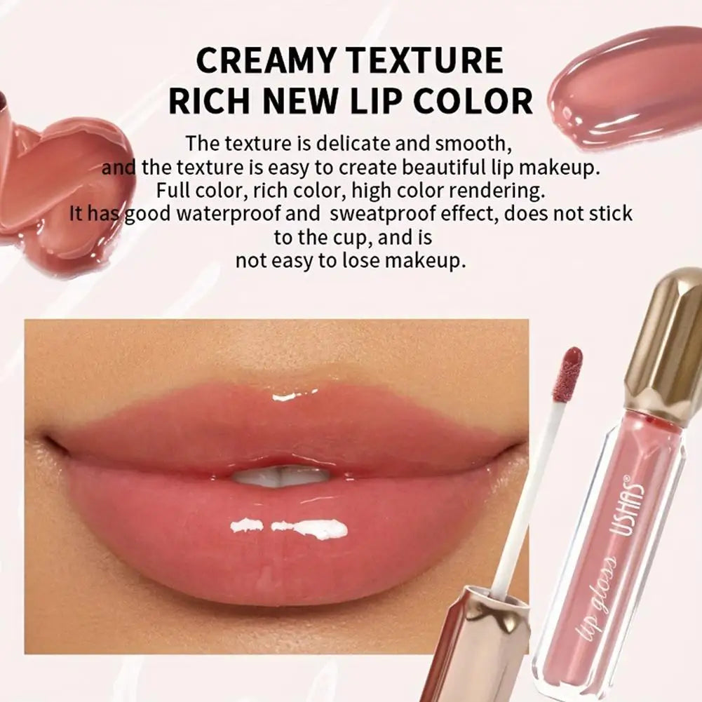 USHAS Mirror Pearl Lip Gloss Waterproof Non Stick Cup Long Lasting Moisturizing Lipstick Shine Glitter Lip Glaze Lip Tint Makeup