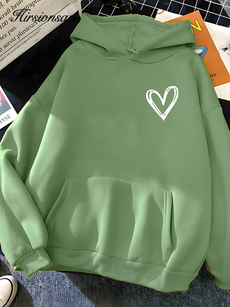 Hirsionsan Simplic Heart Print Women Sweatshirt Soft Casual Loose Vintage Female Hoodies 2025 Winter Warm Fleece Student Tops