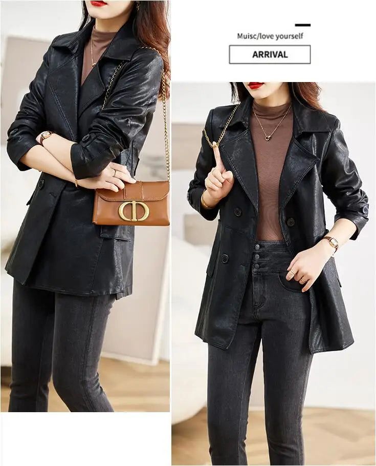 Turn-down Collar Genuine Leather Jacket Women Korean Fashion Slim Sheepskin Coat Black Real Leather jackets ladies Casual Blazer