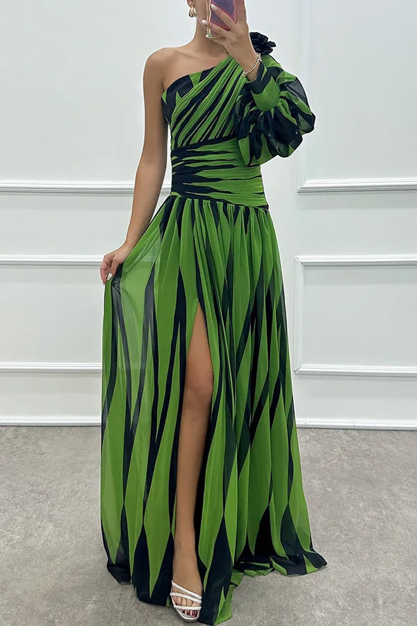 Dress Long Dress 2024 Spring and Autumn New Temperament Fashion Printed Slant Shoulder Split Dress INS Casual Loose Party Dress