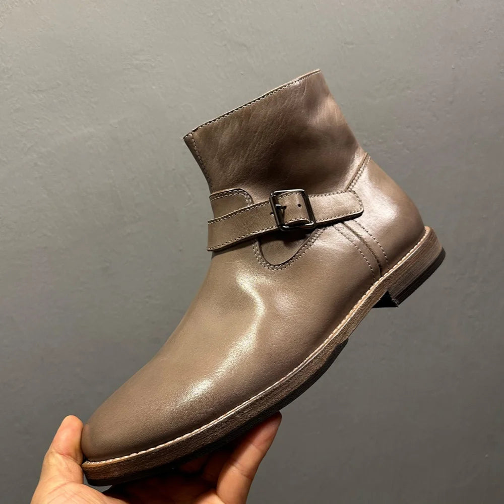 Handmade horsehide casual ankle boots Chelsea boots for men genuine leather sole adjustable strap decoration zip business style