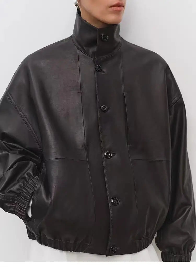 Imported Lightweight Leather Jacket for Women Modern Genuine Sheepskin Stand Up Collar Short Silhouette Coat Winter Tops Mujer