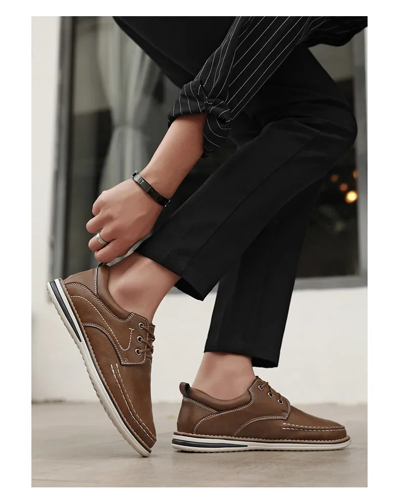 Men Genuine Leather Casual Shoes Fashion Business Leisure Shoes Lace-up Loafers