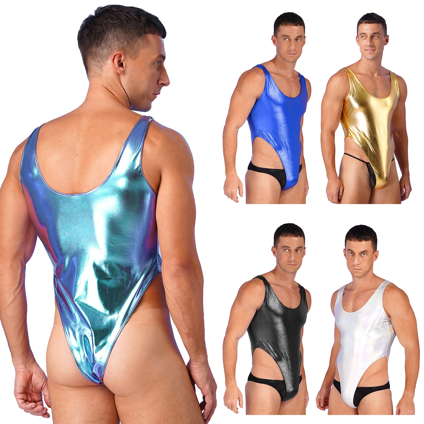 Mens Glossy Bodysuit Fashion One-piece Swimsuit Sleeveless High Cut Wetlook Faux Leather Stretch Leotard Unitard Bathing Suit