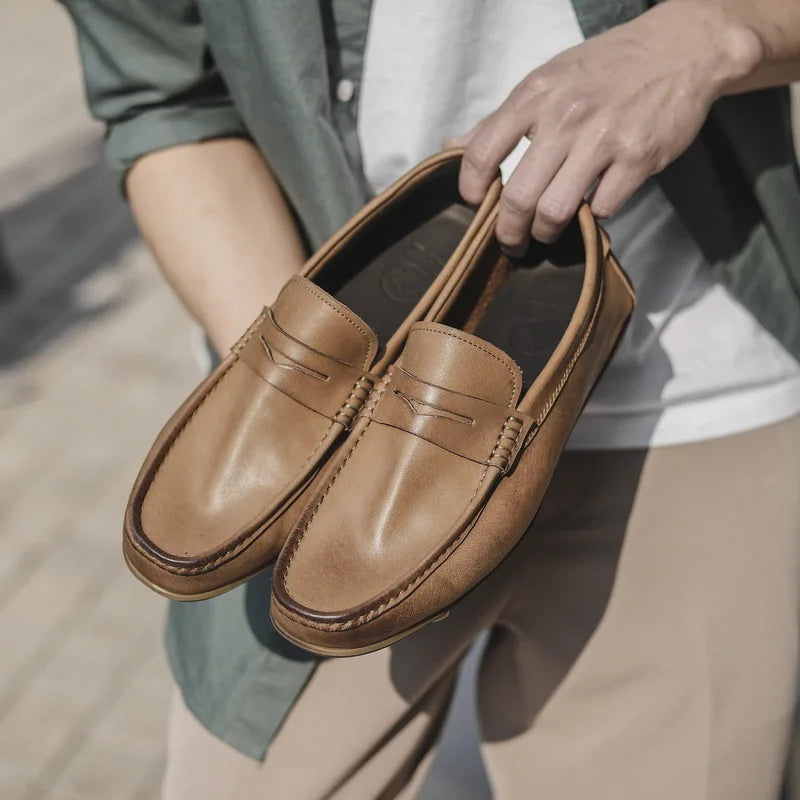 Vintage Full Grain Leather Men's Soft Loafers Handmade Wear-Resistant Genuine Leather Dress Shoes Casual Non-slip Outsole