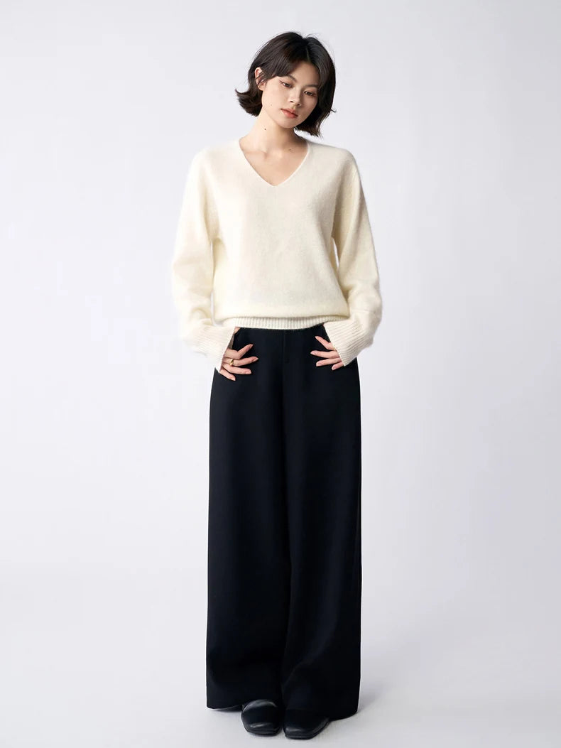 SuyaDream, Women Fleece Pullovers, V Neck, 3.8%Cashmere 96.2%Wool, Chic Warm Sweaters, 2025 Fall Winter Solid Top, Camel, Olive