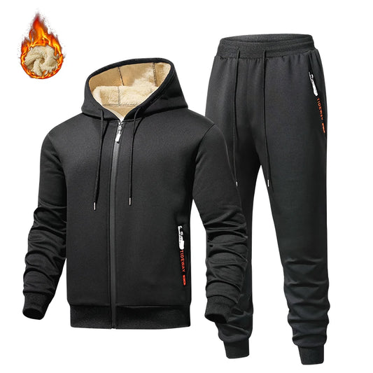 Men Clothing Thick and Warm Cashmere Suits Warm Hoodie Wool Sportswear Hooded Men's Sportswear Winter 2-piece Set Hoodie + Pants
