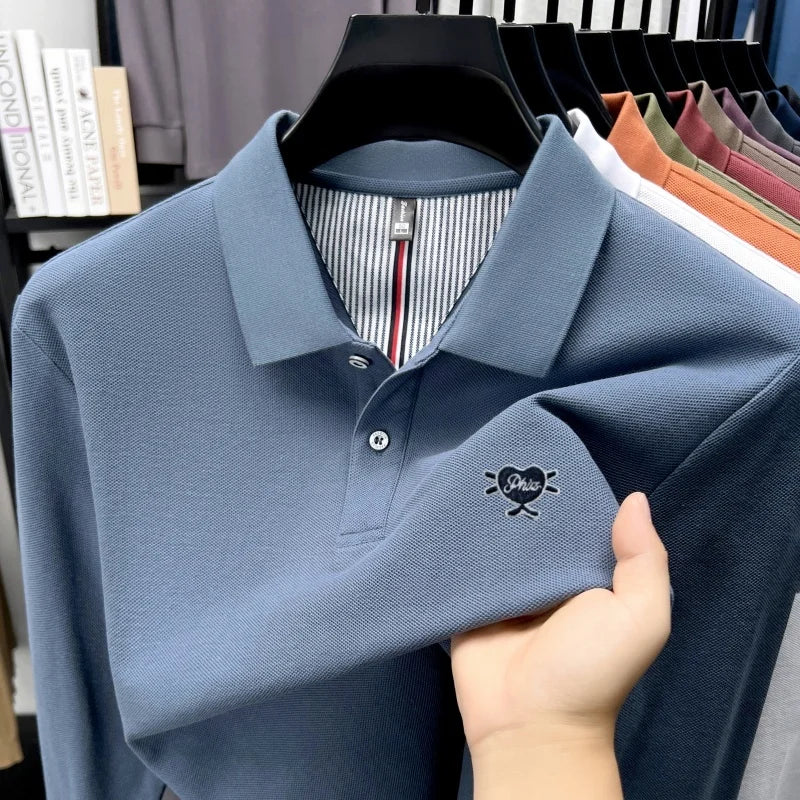 100% pure cotton men long sleeved polo shirt autumn new high-end brand heart-shaped embroidery comfortable casual lapel T-shirt