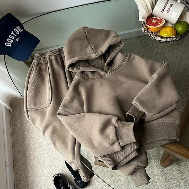 2025 Winter New Children Plus Velvet Thick Clothes Set Boys Girls Fleece Hooded Sweatshirt + Sweat Pants Suit Kids Warm Outfits