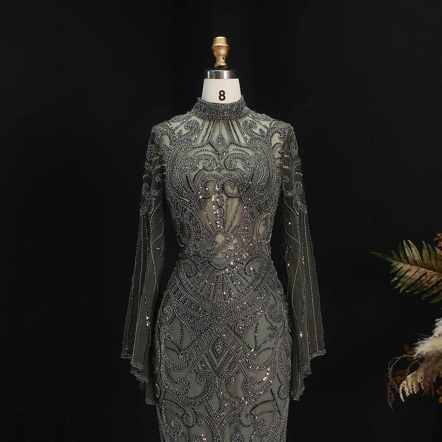 Sharon Said Dubai Black Evening Dress Geometric Beaded Pattern Long Flare Sleeve شارون سعيد Women Formal Prom Gown SS055 Custom