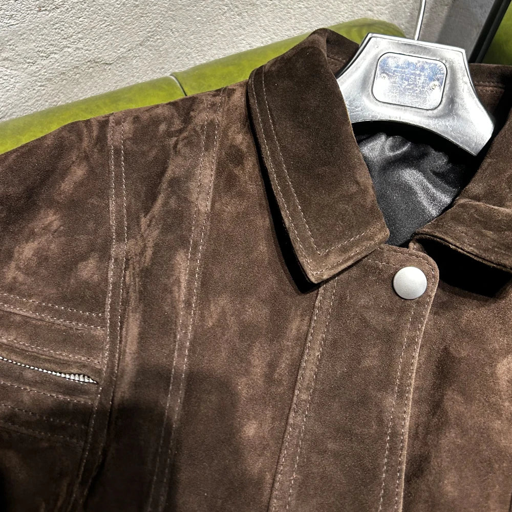 GBY Brown Suede Leather Jacket Cropped Genuine Soft Sheep Jacket 2025 Woman Jackets