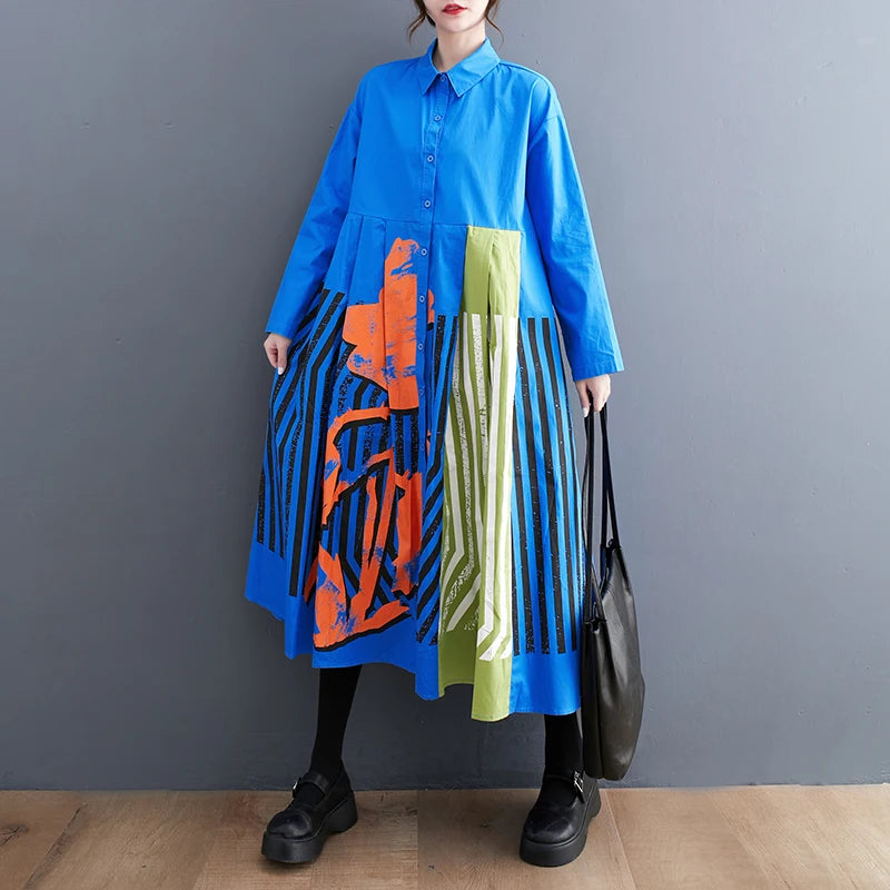 Long Sleeve Patchwork Vintage Print Dresses For Women Loose Casual Midi Dress Robe Fashion Elegant Clothing Spring Autumn 2025
