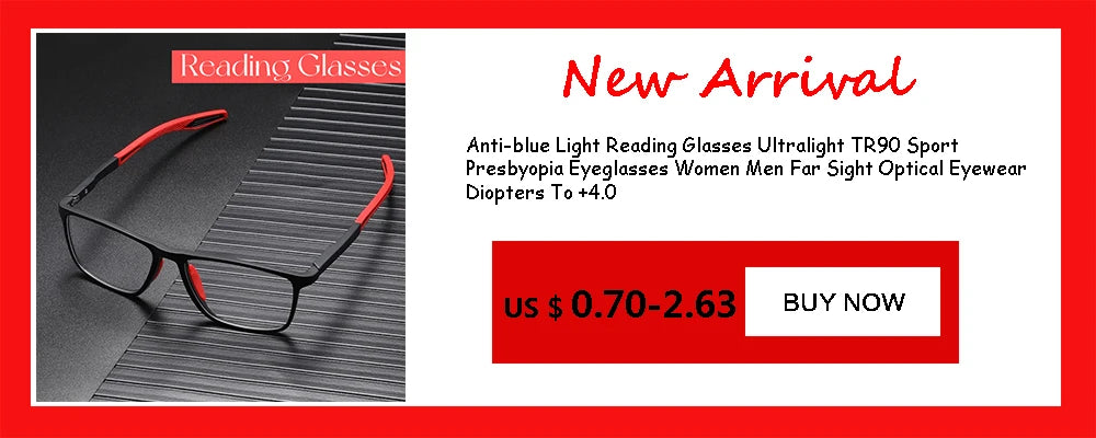 Reading Glasses Men Women Sports Anti-blue Light Reading Eyewear Black Red TR90 Frame Presbyopia Eyeglasses +100 to+400 glasses