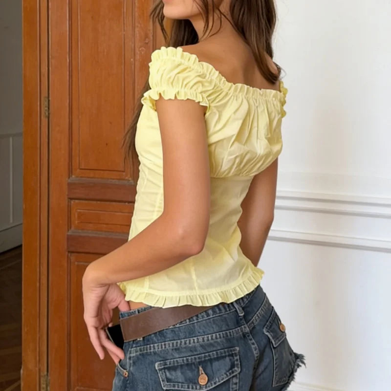 Women Summer Y2K Babydoll Crop Top Fairy Grunge Button Up Shirt Cap Sleeve Slim Fit Ruffle Hem Coquette Top
