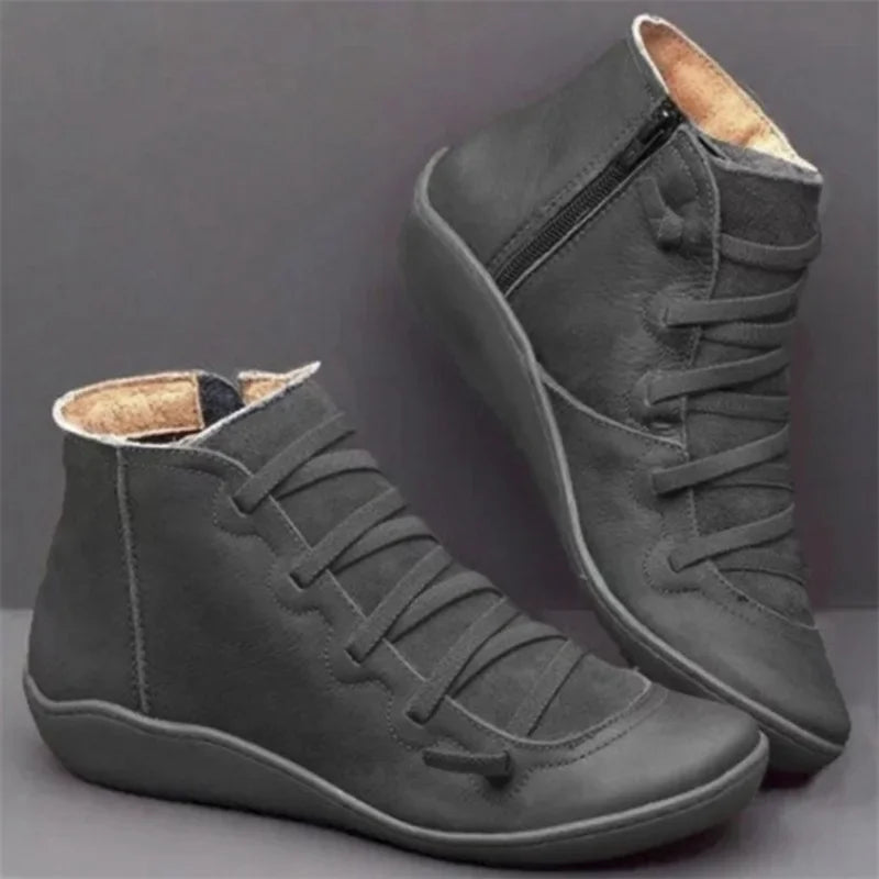 Boots  Women Winter Genuine leather Ankle Spring flat Shoes woman Short Vintage Boots With Fur 2023 for women lace up boots