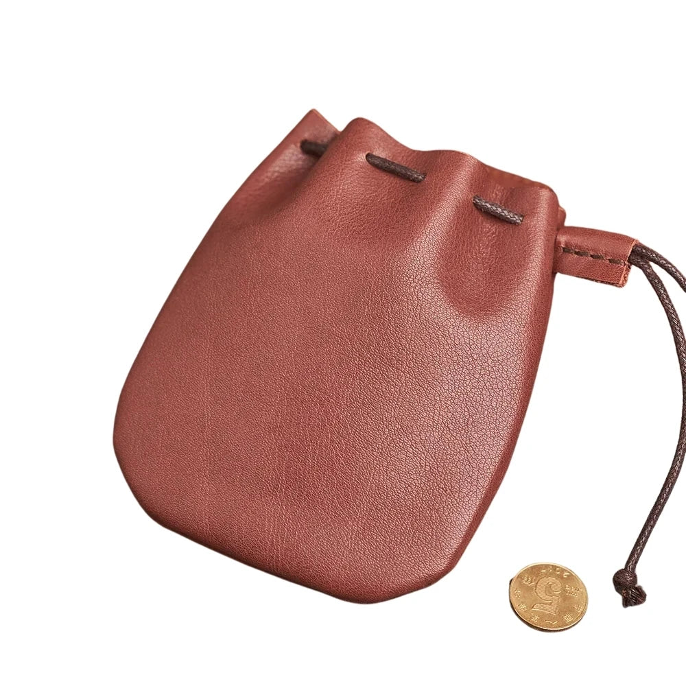 Genuine Leather Coin Purse Men Women Vintage Small Coin Wallet Hard Leather Money Pocket Drawstring Storage Bag