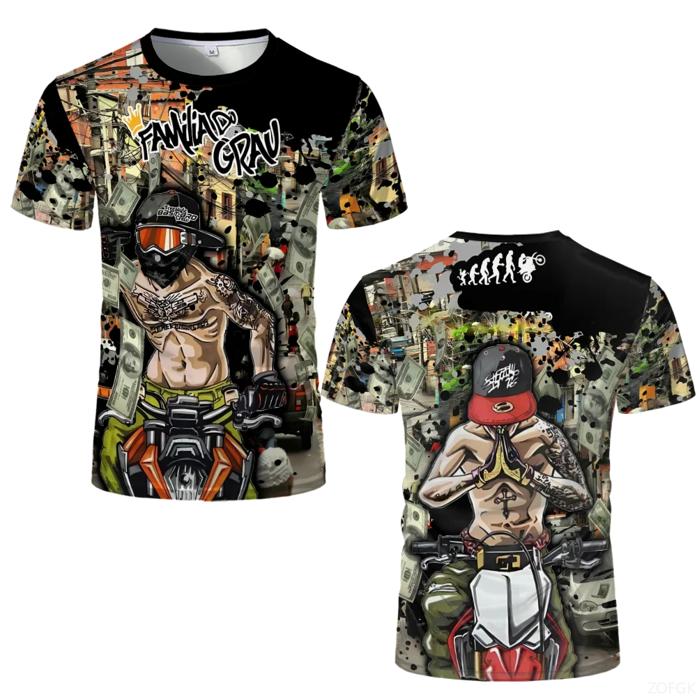 Summer Street Hip-hop Trendy Printed Tops Quebrada Grau 244 De Favela Moto T-shirts Men's Oversized Breathable Short Sleeves