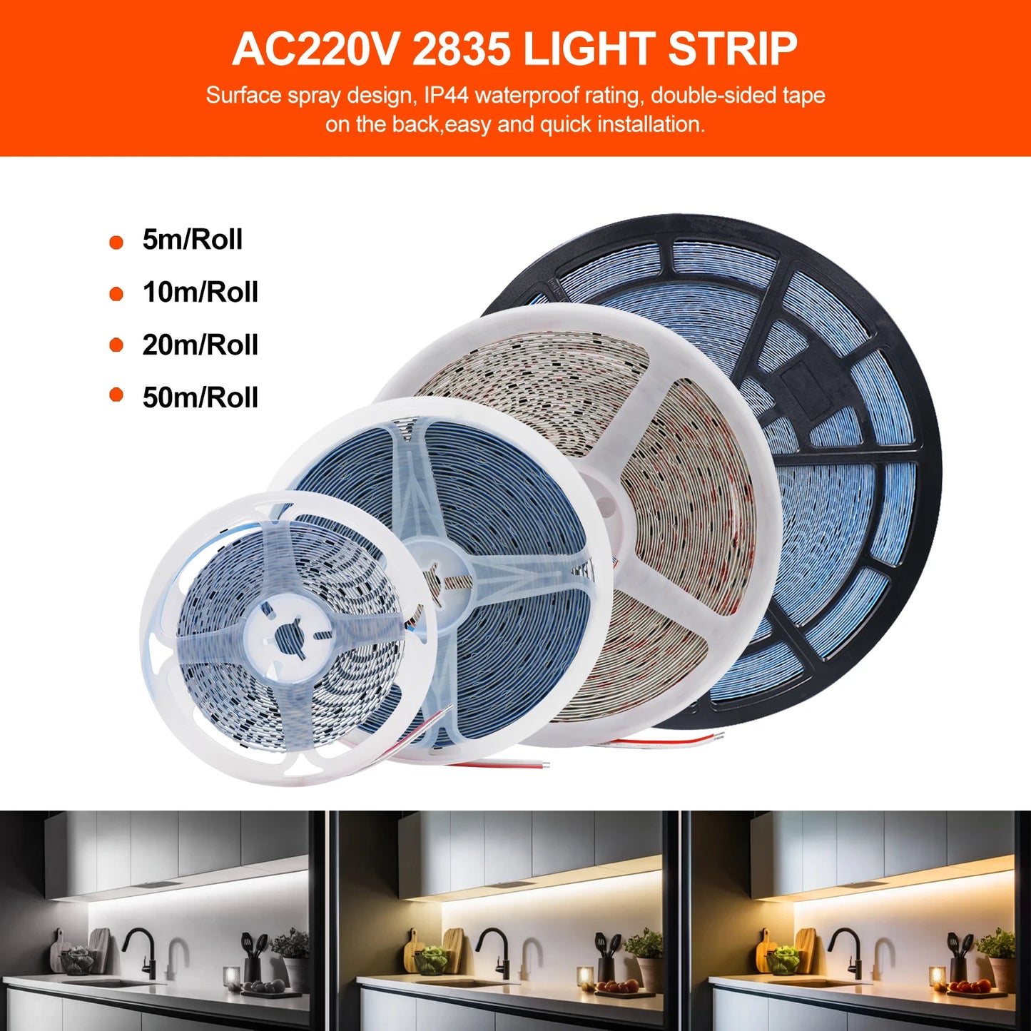 10m 20m 50m 220V 2835 LED Strip Light No Need Driver High Bright 120LEDs/M Flexible Tape Lights IP44 Waterproof Home Lighting