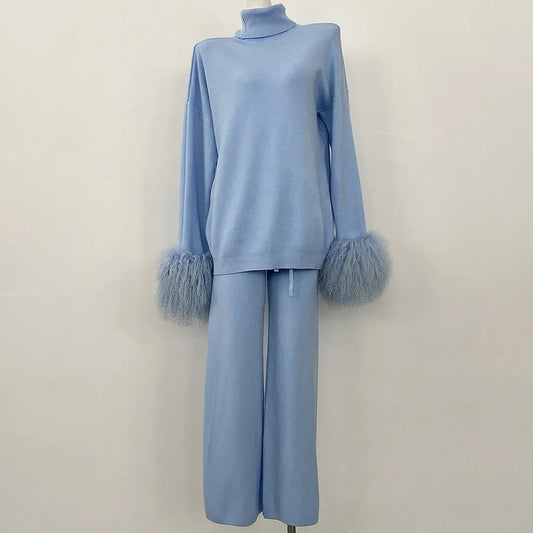 Knitwear Woman Wool & Blend Knitted Pullover and Pants Real Mongolian Sheep Fur Cuffs Sweater Set Real Fur Knitted Suit 2026 New