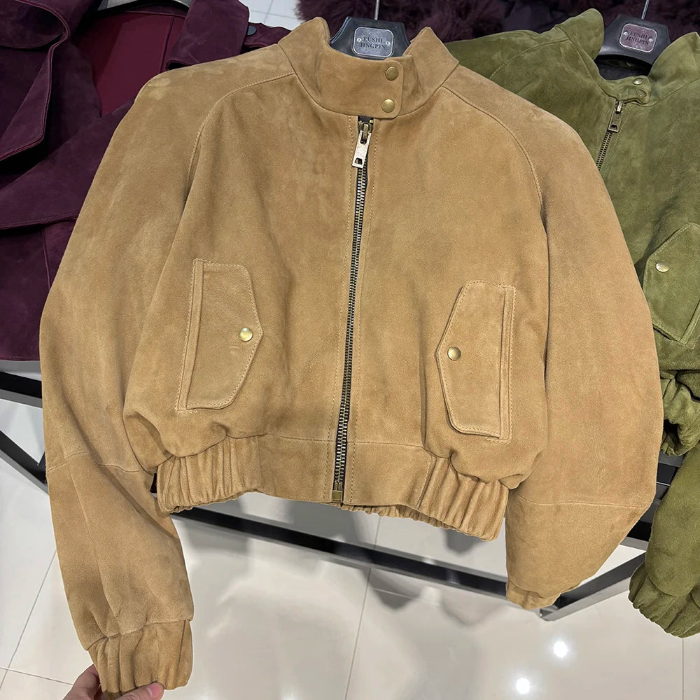 YOLOAgain Suede Leather Jacket Coat Women Real Leather Cropped Jacket Bomber Jacket 2025 Autumn