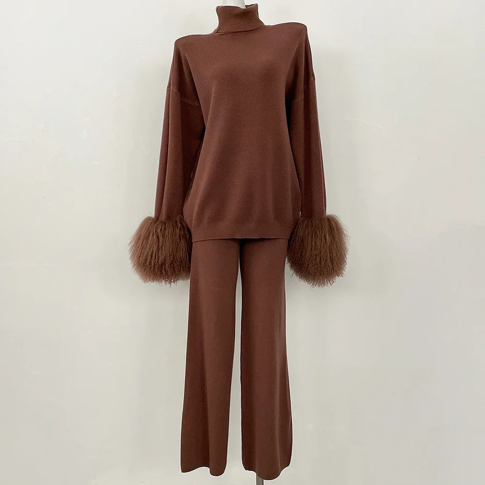 Knitwear Woman Wool & Blend Knitted Pullover and Pants Real Mongolian Sheep Fur Cuffs Sweater Set Real Fur Knitted Suit 2026 New