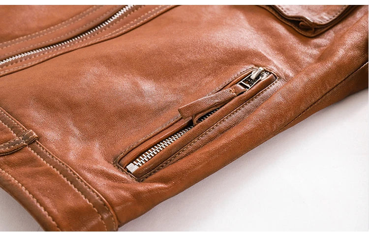 Autumn Clothes Women Genuine Sheepskin Short Locomotive Jaqueta Feminina Stand Collar Slim Vintage Versatile Brown Leather Coat