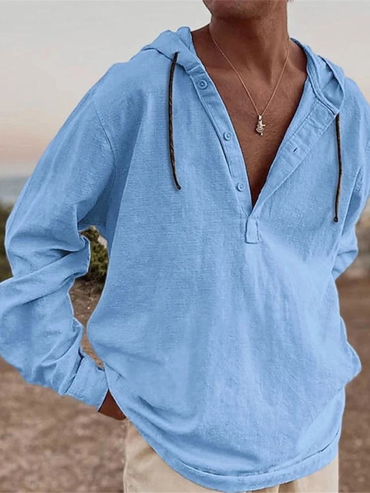 Vintage Cotton Linen Hooded Shirt For Men Long Sleeve V Neck Hoodies Tops Fall Casual Loose Shirts Seaside Beach Blouse Clothing