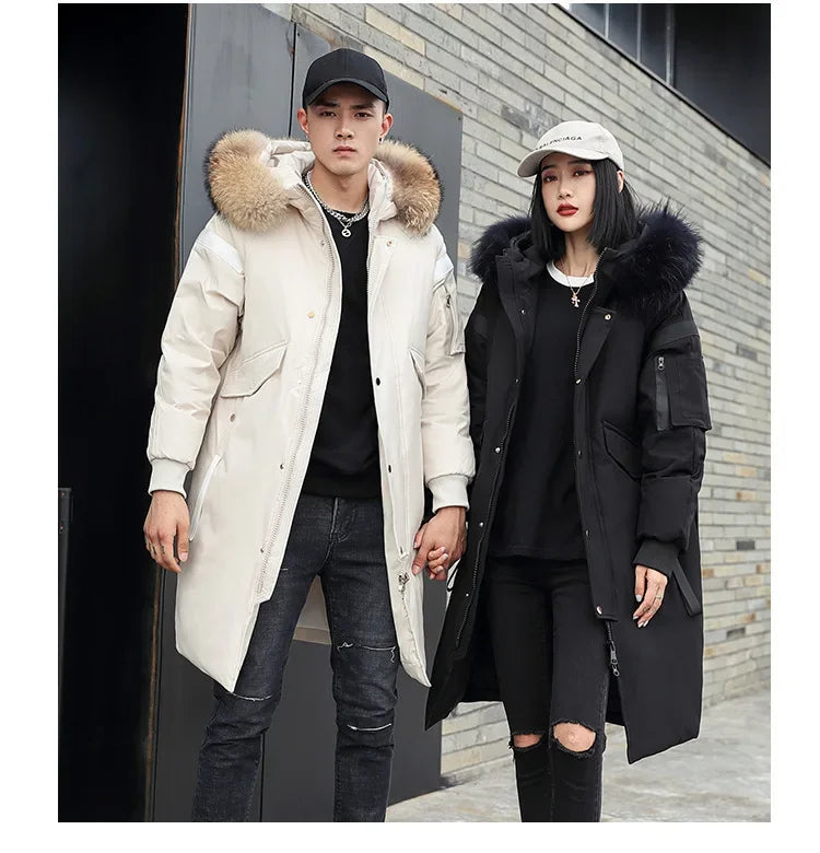 New Winter Down Jacket Men's Couple Fashion Big Fur Collar Medium and Long Youth Pie To Overcome Warmth and Thickening Tide