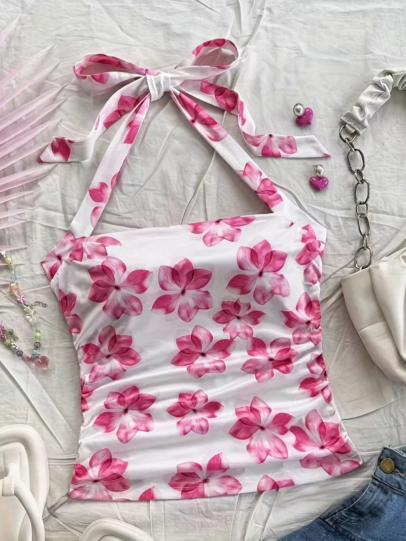 Women's summer short top, pink floral camisole vest, suitable for vacation style girls