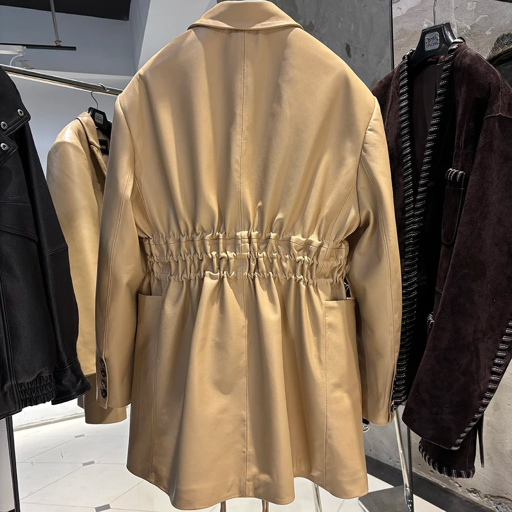 YOLOAgain Women's Leather Jacket Genuine Sheepskin Coat Single Breasted
