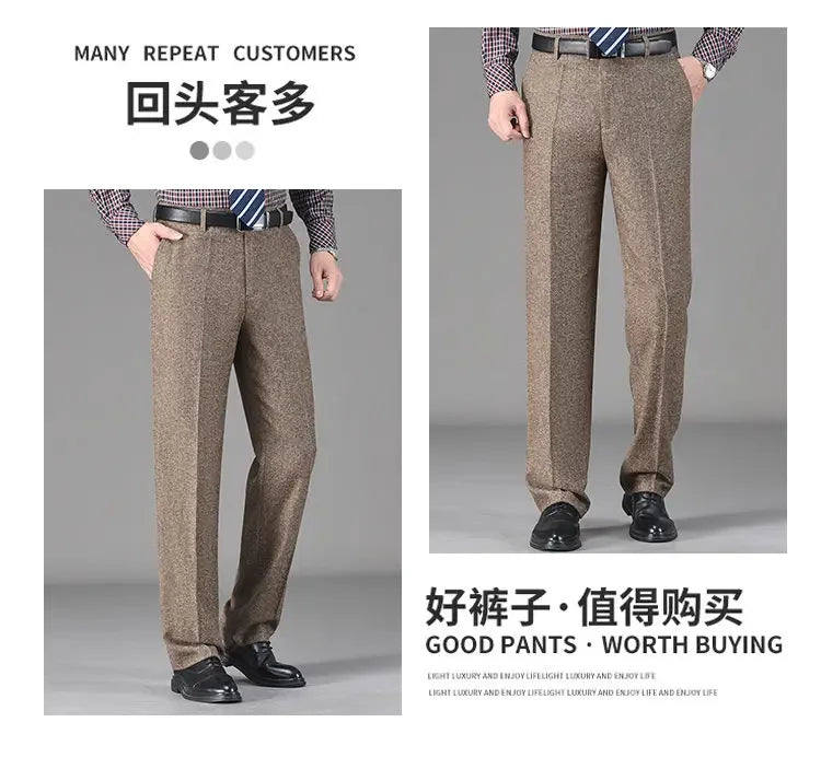 Vintage Autumn Winter Thicken Wool Fleece Suit Pants Men Middle Age High Waist Straight Loose Business Casual Straight Trousers