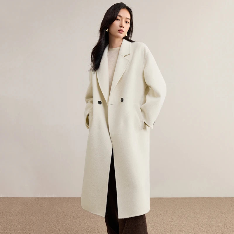 SENTUBILA Women's 100% Wool Double-Faced Coat Winter 2025 Suit Lapel Collar Classic Commuter Style Long Overcoat W54OA8779