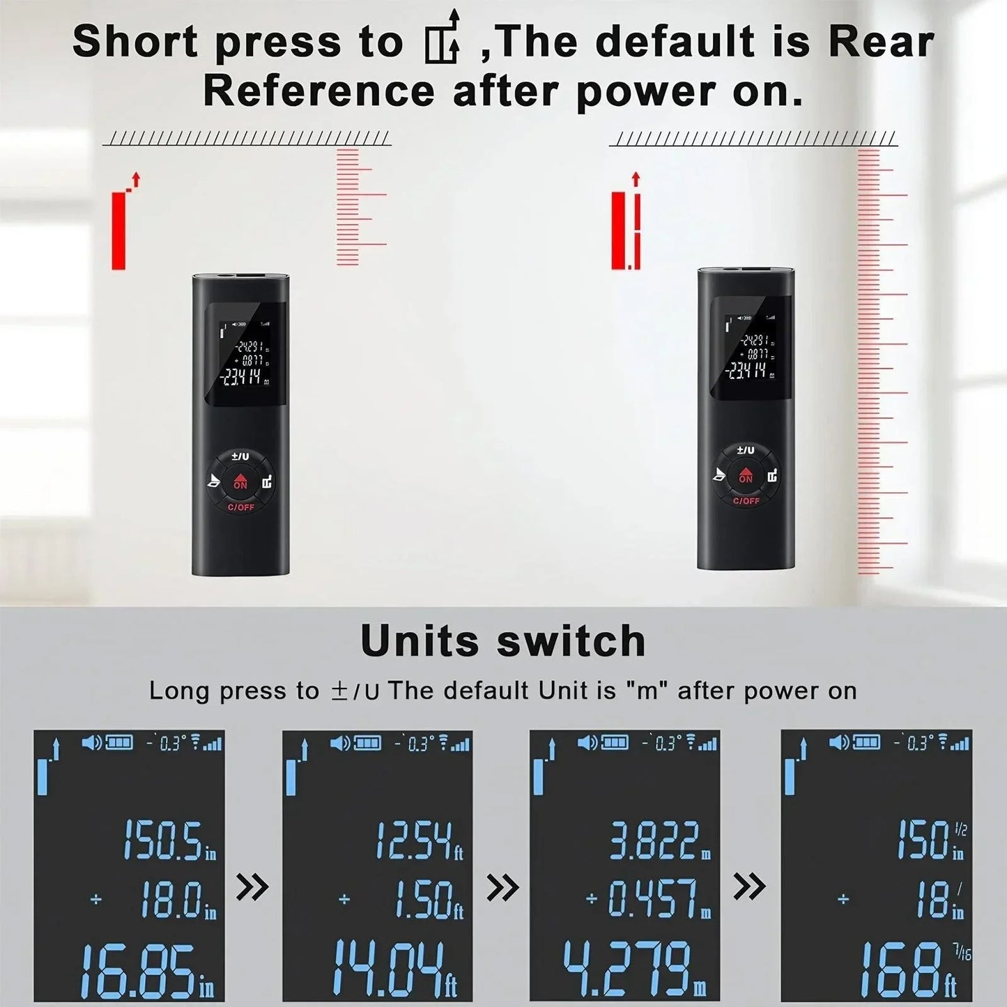 40/60M Portable Digital Laser Distance Meter, ±1/16 Inch High Accuracy, USB Charging, M/in/Ft Unit Switch Laser Measurement Tool