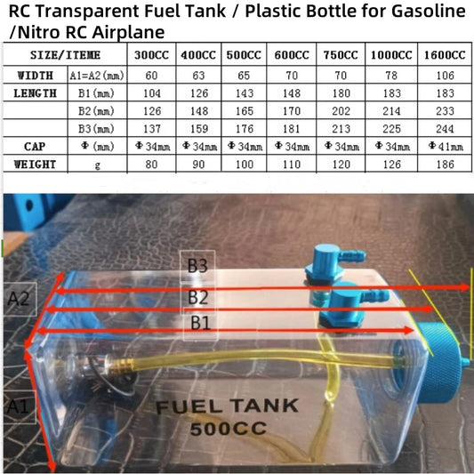 RC Transparent Oil/Gas Fuel Tank / Plastic Bottle 300/400/500/600 ml/cc for Gasoline and Nitro RC Model Airplane