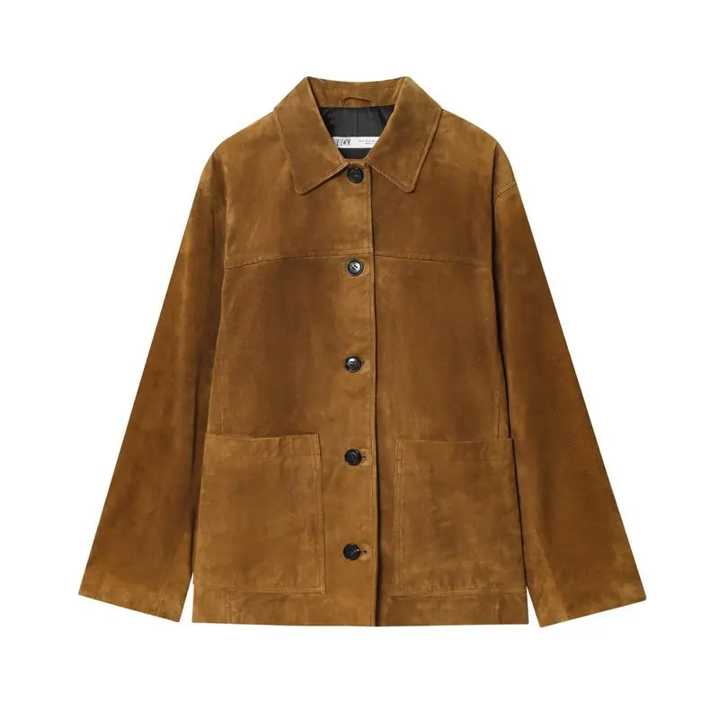 Women's Loose Long Sve Faux Leather Jaet Autumn New Arrival Versatile Outerwear Warmth Faion Sle Button Closure